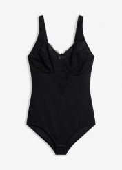 Body bez fiszbinów z koronką, średni stopień modelowania sylwetki. Czarne body bonprix, bez wzorów, z koronki. Za 124.99 zł.