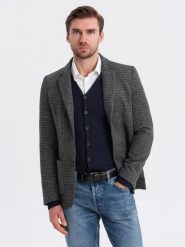 Męska marynarka w kratę z dodatkiem wełny - grafitowa V2 - Rozmiar: M. Szare marynarki męskie Ombre Clothing, m, bez wzorów, z materiału, bez kołnierzyka, bez ramiączek. W wyprzedaży za 169.99 zł.