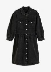 Sukienka jeansowa. Czarne sukienki damskie bonprix, bez wzorów, z jeansu, bez kołnierzyka, bez ramiączek, plisowane. Za 169.99 zł.