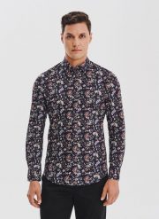 PAKO LORENTE – Granatowa koszula w kwiaty. Koszule męskie Pako Lorente, m, bez wzorów, z bawełny, klasyczne, bez kołnierzyka, bez ramiączek. Za 199.99 zł.