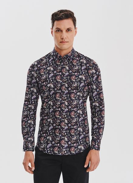 PAKO LORENTE – Granatowa koszula w kwiaty. Koszule męskie Pako Lorente, m, bez wzorów, z bawełny, klasyczne, bez kołnierzyka, bez ramiączek. Za 199.99 zł.