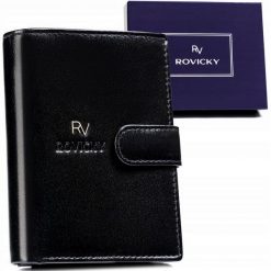 Portfel skórzany Rovicky RV-75699-9-L-BCA czarny. Czarne portfele męskie ROVICKY, bez wzorów, ze skóry. Za 70.00 zł.