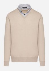 Beżowy Sweter z Wełną i Koszulowym Kołnierzykiem Espirra. Brązowe swetry męskie Born2be, l, bez wzorów, z wełny, biznesowe, bez kołnierzyka, bez ramiączek. Za 59.99 zł.