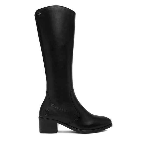Kozaki Rieker. Czarne kozaki damskie Rieker, bez wzorów, bez obcasa, na słupku, bez zapięcia. Za 559.99 zł.