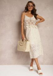 Beżowa Ażurowa Spódnica z Gumką w Talii o Trapezowym Kroju Tiamaz. Brązowe spódnice damskie Renee, na co dzień, w ażurowe wzory, z bawełny, eleganckie, midi, proste. Za 99.99 zł.