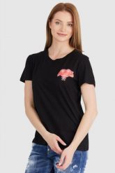 GUESS Czarny t-shirt damski z kolorowym printem. Czarne t-shirty damskie Guess, s, z aplikacjami, z bawełny, bez kołnierzyka, bez ramiączek. W wyprzedaży za 119.99 zł.