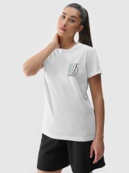 4F T-shirt slim z nadrukiem damski - biały XS. Białe t-shirty damskie 4F, xs, bez wzorów, z bawełny, klasyczne, bez kołnierzyka, bez ramiączek. W wyprzedaży za 29.99 zł.