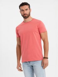 T-shirt męski klasyczny bawełniany BASIC - koralowy V17 OM-TSBS-0236 - XXL. Pomarańczowe t-shirty męskie Ombre Clothing, l, bez wzorów, z bawełny, bez kołnierzyka, bez ramiączek. W wyprzedaży za 39.99 zł.