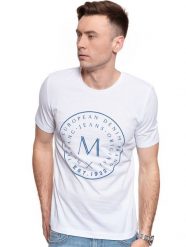 T-SHIRT MĘSKI MUSTANG ALEX C PRINT GENERAL WHITE 1009020 2045. Białe t-shirty męskie Mustang, m, bez wzorów, bez kołnierzyka, bez ramiączek. W wyprzedaży za 39.99 zł.