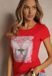 Czerwony T-shirt z Bawełny Ozdobiony Cyrkoniami i Motylem Uliadwena. Czerwone t-shirty damskie Renee, s, bez wzorów, z bawełny, klasyczne, bez kołnierzyka, bez ramiączek. Za 39.99 zł.