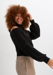 Sweter cold-shoulder. Szare swetry nierozpinane damskie bonprix, bez wzorów, bez kołnierzyka, bez ramiączek. Za 129.99 zł.