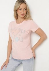 Różowy Bawełniany T-shirt z Sercem i Napisem Olirwenna. Czerwone t-shirty damskie Born2be, m, bez wzorów, z bawełny, bez kołnierzyka, bez ramiączek. Za 34.99 zł.