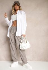 Szare Bawełniane Spodnie High Waist w Klasycznym Stylu Arivora. Szare spodnie materiałowe damskie Renee, bez wzorów, z bawełny, eleganckie, z podwyższonym stanem. Za 119.99 zł.