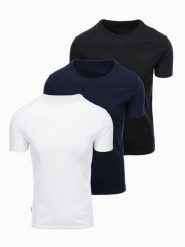 Zestaw męskich t-shirtów bawełnianych BASIC z okrągłym dekoltem – czarny/biały/granatowy V1 - Rozmiar: XL. Białe t-shirty męskie Ombre Clothing, m, bez wzorów, z bawełny, bez kołnierzyka, bez ramiączek. Za 169.99 zł.