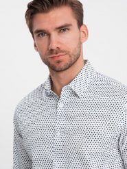 Męska koszula w drobny wzór SLIM FIT - biała V2 OM-SHCS-0140 - XXL. Białe koszule męskie Ombre Clothing, l, bez wzorów, z bawełny, klasyczne, bez kołnierzyka, bez ramiączek. W wyprzedaży za 69.99 zł.