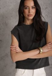 Czarny Top z Bawełny w Stylu Grunge z Szeroką Linią Ramion Tezorea. Czarne topy damskie Renee, m, bez wzorów, z bawełny, bez kołnierzyka, bez ramiączek. Za 79.99 zł.