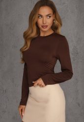 Brązowa Dopasowana Bluzka Typu Longsleeve z Bawełną Moanti. Brązowe bluzki damskie Renee, l, bez wzorów, z bawełny, wizytowe, bez kołnierzyka, bez ramiączek. Za 79.99 zł.