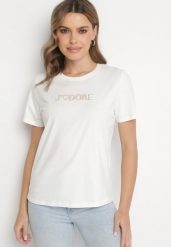 Biały Bawełniany T-shirt Ozdobiony Napisem Nalaviraen. Białe t-shirty damskie Born2be, l, bez wzorów, z bawełny, eleganckie, bez kołnierzyka, bez ramiączek. Za 34.99 zł.