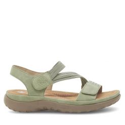 Sandały Rieker. Zielone sandały damskie Rieker, bez wzorów, bez obcasa, na płaskiej podeszwie, bez zapięcia. Za 309.99 zł.
