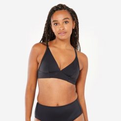 Góra kostiumu kąpielowego surfingowego damska Olaian Bea. Czarne bikini OLAIAN, bez wzorów, z elastanu. Za 79.99 zł.