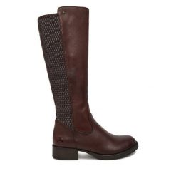 Kozaki Rieker. Brązowe kozaki damskie Rieker, bez wzorów, bez obcasa, na słupku, bez zapięcia. Za 549.99 zł.