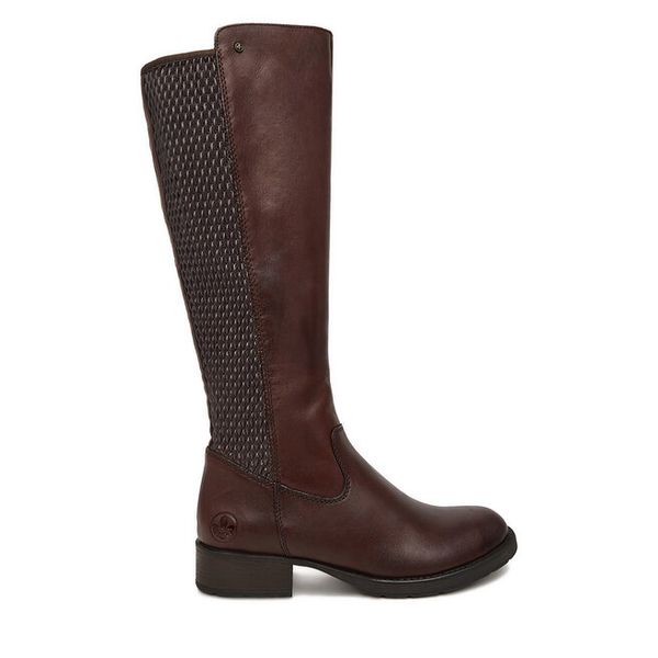 Kozaki Rieker. Brązowe kozaki damskie Rieker, bez wzorów, bez obcasa, na słupku, bez zapięcia. Za 549.99 zł.