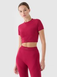 4F Crop top treningowy slim szybkoschnący damski - czerwony M/L. Czerwone koszulki sportowe damskie 4F, l, bez wzorów, z dzianiny, bez ramiączek, na fitness i siłownię. W wyprzedaży za 39.99 zł.