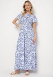 Niebiesko-Biała Rozkloszowana Sukienka z Bawełną i Abstrakcyjnym Wzorem Ldivoria. Niebieskie sukienki damskie Born2be, na imprezę, m, bez wzorów, z bawełny, eleganckie, bez kołnierzyka, bez ramiączek, maxi, rozkloszowane. Za 74.99 zł.