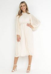 Beżowa Elegancka Sukienka Midi z Gumkami w Pasie i Ażurowymi Wstawkami Rouxia. Brązowe sukienki damskie Born2be, l, w ażurowe wzory, eleganckie, bez kołnierzyka, bez ramiączek, midi. Za 159.99 zł.