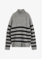 Luźny sweter z golfem. Szare swetry nierozpinane damskie bonprix, bez wzorów, bez kołnierzyka, bez ramiączek. Za 109.99 zł.
