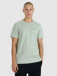 4F T-shirt regular z nadrukiem męski - turkusowy M. Niebieskie t-shirty męskie 4F, m, bez wzorów, z bawełny, bez kołnierzyka, bez ramiączek. Za 59.99 zł.