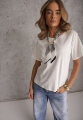 Biały Bawełniany T-shirt Hillswor Ozdobiony Apaszką. Białe t-shirty damskie Renee, l, bez wzorów, z bawełny, eleganckie, bez kołnierzyka, bez ramiączek. Za 59.99 zł.