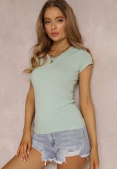 Miętowy T-shirt Mirasura. Zielone t-shirty damskie Renee, xl, bez wzorów, z dzianiny, bez kołnierzyka, bez ramiączek. Za 24.99 zł.