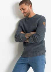 Sweter z bawełny z recyklingu. Niebieskie swetry męskie bonprix, l, bez wzorów, z bawełny, bez kołnierzyka, bez ramiączek. Za 124.99 zł.