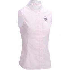 Koszula bez rękawów jeździecka na zawody damska. Białe koszule damskie OKKSO, bez wzorów, z materiału, eleganckie, bez kołnierzyka, bez ramiączek. Za 119.99 zł.