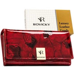 Duży portfel damski z lakierowanej skóry naturalnej w czerwonym kolorze, wyposażony w system RFID Rovicky RH-24A-1-DBF. Czerwone portfele damskie ze skóry. Za 89.99 zł.