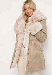 Beżowa Kurtka Parka z Futerkiem i Kapturem Aresja. Brązowe parki damskie Born2be, na jesień, l, bez wzorów. Za 279.99 zł.