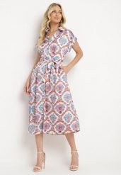 Niebiesko-Pomarańczowa Koszulowa Boho Sukienka z Wiskozą na Guziki z Paskiem Hosofia. Niebieskie sukienki damskie Born2be, na lato, l, bez wzorów, z materiału, boho, bez kołnierzyka, bez ramiączek, midi, koszulowe. Za 109.99 zł.
