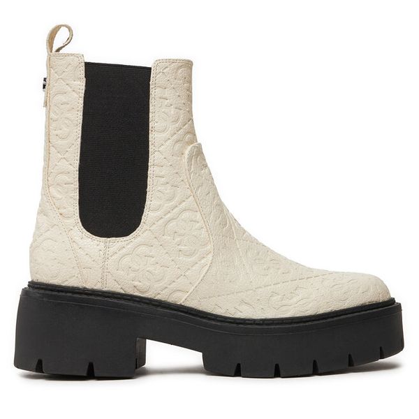 Sztyblety Guess. Białe botki damskie Guess, z aplikacjami, bez obcasa, na płaskiej podeszwie, bez zapięcia. Za 669.99 zł.