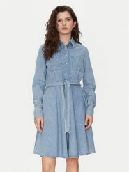 Mustang Sukienka jeansowa Hazel 1016228 Niebieski Flared Fit. Niebieskie sukienki damskie Mustang, bez wzorów, z bawełny, bez kołnierzyka, bez ramiączek. Za 279.99 zł.