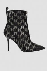 KARL LAGERFELD Czarne skórzane botki na szpilce Ankle Boot Monogram. Czarne botki damskie KARL LAGERFELD, bez wzorów, bez obcasa, na szpilce, bez zapięcia. W wyprzedaży za 889.99 zł.