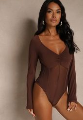 Brązowe Body Vices o Fasonie Longsleeve z Dekoltem w Kształcie V Asstre. Brązowe body Renee, bez wzorów, z jeansu. Za 69.99 zł.