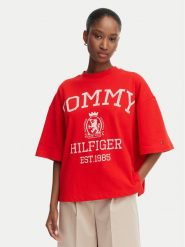 Tommy Hilfiger T-Shirt Varsity Crest WW0WW50940 Czerwony Oversize. Czerwone t-shirty damskie Tommy Hilfiger, m, bez wzorów, z bawełny, bez kołnierzyka, bez ramiączek. Za 329.99 zł.
