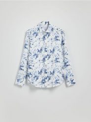 Koszula slim fit z domieszką lnu - biały. Białe koszule męskie Reserved, l, bez wzorów, z wiskozy, bez kołnierzyka, bez ramiączek. W wyprzedaży za 69.99 zł.