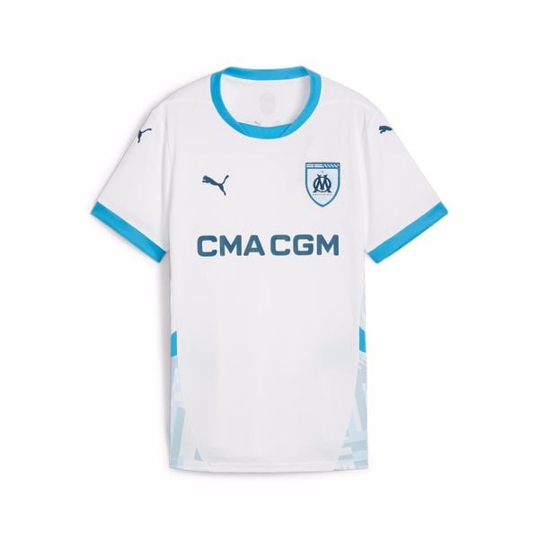 Koszulka domowa dla kobiet OM 2024/25. Białe bluzki damskie Puma, bez wzorów, sportowe, bez kołnierzyka, bez ramiączek. W wyprzedaży za 279.15 zł.