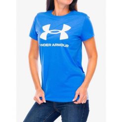 Koszulka z nadrukiem damska Under Armour Logo. Niebieskie bluzki damskie Under Armour, bez wzorów, sportowe, bez kołnierzyka, bez ramiączek. Za 93.99 zł.