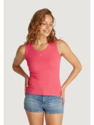 Tommy Jeans Top Essential DW0DW20673 Różowy Slim Fit. Czerwone topy damskie Tommy Jeans, m, bez wzorów, z bawełny, bez kołnierzyka, bez ramiączek. Za 99.99 zł.
