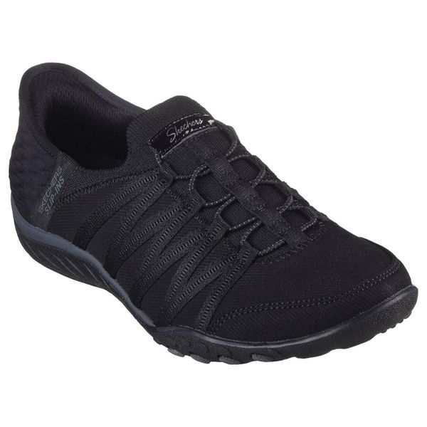 Buty sportowe Sneakersy damskie, Slip-ins: Breathe Easy - Roll With Me. Czarne obuwie sportowe damskie Skechers, bez wzorów, z gumy, bez zapięcia, trekkingowe. Za 349.99 zł.
