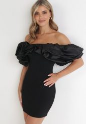 Czarna Sukienka Dopasowana z Falbanami Acore. Czarne sukienki damskie Born2be, na imprezę, m, bez wzorów, eleganckie, bez kołnierzyka, bez ramiączek, mini, dopasowane. Za 129.99 zł.