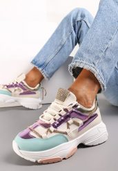 Beżowo-Fioletowe Sneakersy Ozdobione Sznureczkiem z Cyrkoniami Nathanias. Brązowe obuwie sportowe damskie Renee, z aplikacjami, z jeansu, bez zapięcia. Za 119.99 zł.
